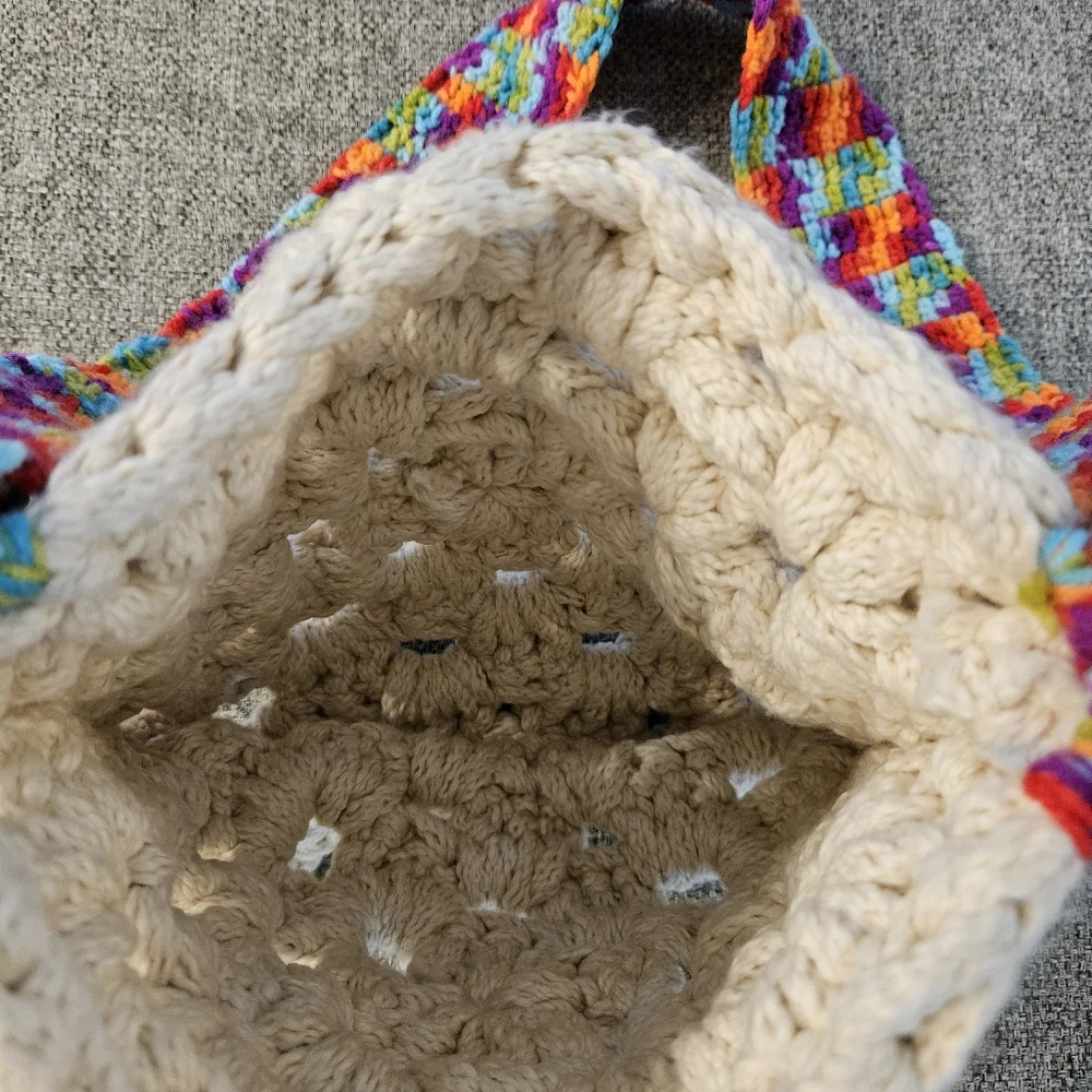 Festival Vintage Crochet Crossbody  Handbag Boho Off White Multicolor Strap - Picture 7 of 12